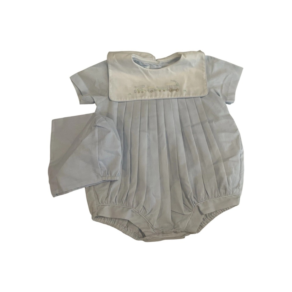 Petit Ami Baby Boys' Square Collar Romper with Train Embroidery, 3M, Blue-NEW!